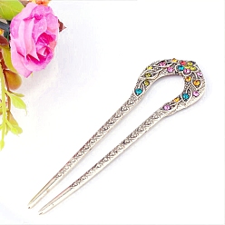 Colorful Alloy Rhinestone Vintage Hair Forks, Hair Accessories for Woman Girls, U Shaped, Colorful, 129x36mm