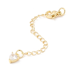 Golden Brass Micro Pave Cubic Zirconia Chain Extender, with Stainless Steel Lobster Claw Clasps and Heart Charm, Long-Lasting Plated, Golden, 76x3mm, Hole: 3mm