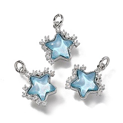 Платина Латунные микро проложить кубического циркония прелести, звезда, со стеклом и блестками, пудрой и петлей, долгоиграющий, без свинца и без кадмия, Небесно-голубой, платина, 12.5x12x4 мм, отверстие : 2 мм