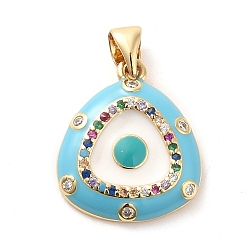 Deep Sky Blue Golden Brass Clear Cubic Zirconia Pendants, with Enamel, Cadmium Free & Nickel Free & Lead Free, Triangle with Evil Eye, Deep Sky Blue, 18x15.5x3mm, Hole: 5x3.5mm