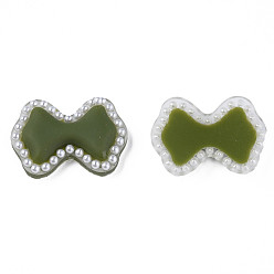Dark Olive Green Acrylic Cabochons, with ABS Plastic Imitation Pearl Beads, Bowknot, Dark Olive Green, 18x24.5x4.5mm