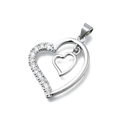 Платина Латунные микро проложить кубического циркония подвески, сердце, долговечный, без свинца и без кадмия, стойки покрытие, платина, 27x22x2 мм, отверстие : 3.5x4 мм