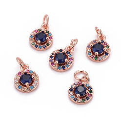 Rose Gold Brass Micro Pave Cubic Zirconia Charms, with Jump Rings, Flat Round, Colorful, Rose Gold, 11x8.5x3.5mm, Hole: 3mm