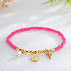 Камелия Регулируемые 304 из нержавеющей стали браслеты шарма, Браслеты из стеклянного бисера и латуни на эластичной основе для женщин, Крест и плоский круглый, с имитацией жемчуга, камелия, 6.89 дюйм (17.5 см)