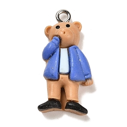 Медведь Непрозрачные подвески смолы, мультяшные подвески с железными петлями платинового цвета, медведь, 27x13x8 мм, отверстие : 2 мм