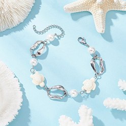 Нержавеющая Сталь Цвет Женские браслеты из синтетической бирюзы с черепаховым и ракушечным жемчугом и овальными звеньями из нержавеющей стали, черепаха, цвет нержавеющей стали, 304 дюйм (7-5/8 см)