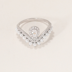 Platinum Brass Micro Pave Cubic Zirconia Finger Rings for Women, Teardrop, with Imitation Pearl, Platinum, 12mm, US Size 9(18.9mm)