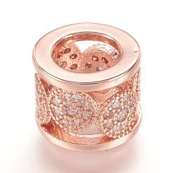 Real Rose Gold Plated Brass Micro Pave Cubic Zirconia Beads, Real Rose Gold Plated, Column, Rose Gold, 10x8mm, Hole: 6mm