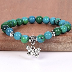 Chrysocolla 8mm runde, elastische Armbänder aus natürlichen Chrysokollperlen mit Schmetterlingsanhängern aus einer Legierung, Antik Silber Farbe, 7.48 Zoll (19 cm)