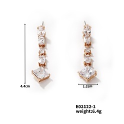 Golden Geometric Cube Stud Earrings with Full Rhinestone Design, European and American Style, Golden, 44x12mm