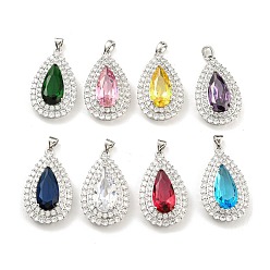Platinum Rack Plating Brass Micro Pave Cubic Zirconia Pendants, with Glass, Teardrop, Platinum, 32x19x18mm, Hole: 4x3.5mm