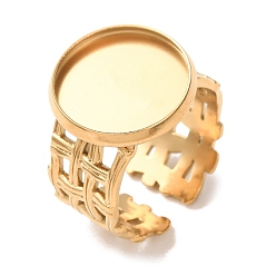 Golden Woven Bezel 304 Stainless Steel Cuff Ring Components, Round Pad Ring Setting, Ion Plating(IP), Long-Lasting Plated, Golden, 14mm,17mm, Tray Size: 14mm