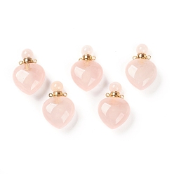 Розовый Кварц Природного розового кварца подвески, открываемый флакон духов, с фурнитурой латунной золотого тона, формы сердца, 33~35x22~23x12~13 мм, отверстие : 3.5 мм, емкость: 1 мл (0.03 жидких унций)