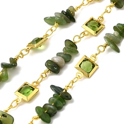 Оливковый Кварц Латунные соединительные цепи ручной работы, с оливковым кварцем и стеклянными бусинами и катушкой, долговечный, пайки, без свинца и без кадмия, золотые, квадратный, квадратные звенья: 12x6.5x3.5мм