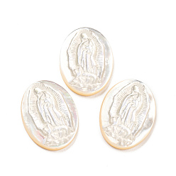 Blanc Cabochons de coquillages naturels de religion, ovale avec gravure vierge marie, blanc, 19x14.5x2~2.5mm