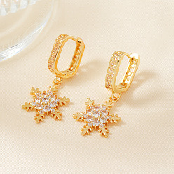 Золотой Элегантные латунные серьги-кольца со снежинками из прозрачного кубического циркония, золотые, 34x16 мм
