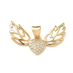 Настоящее золото 16K Латунные микропаве прозрачные подвески с фианитом, крыло с сердечками, реальный 16 k позолоченный, 16.5x26x2.5 мм, отверстие : 4x4.5 мм
