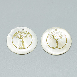 Golden Freshwater Shell Pendants, Covered with Iron Findings, Flat Round with Tree of Life, Golden, 30~31x2~3mm, Hole: 1.8mm