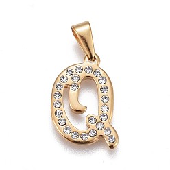 Letter Q 304 Stainless Steel Pendants, with Rhinestone, Letter, Letter.Q, 22.5x15x2mm, Hole: 3~3.5x7.5~8mm