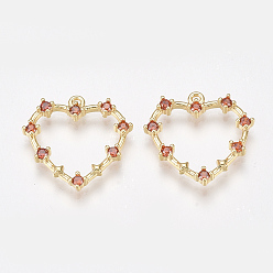 FireBrick Brass Cubic Zirconia Pendants, Nickel Free, Real 18K Gold Plated, Heart, Orange Red, 18~19x18~19x2.5mm, Hole: 1mm