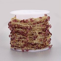 Purple Handmade Glass Beaded Chains, Soldered, with Spool, Brass Chain, Long-Lasting Plated, Golden, Purple, 4x2mm, about 32.8 Feet(10m)/roll