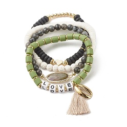 Yellow Green Love Beads Stretch Bracelets Set, Cowrie Shell Shape & Tassel Charm Bracelets, Heishi Beads Surfering Bracelets, Natural Larvikite & Lava Rock Beads Bracelets for Women, Golden, Yellow Green, Inner Diameter: 2-1/8 ~2.17 inch(5.3~5.5cm), 4pcs/set