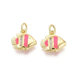 Ярко-Розовый Латунные микропаве прозрачные подвески с фианитом, рыбы прелести, с эмалью, золотые, ярко-розовый, 14.5x14.5x4 мм, отверстие : 4 мм, Перейти кольцо: 6x1 мм, внутренний диаметр: 4 мм