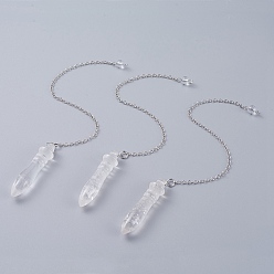 Хрусталь Заостренные биолокационные маятники из натурального кристалла кварца, с латунным кабельных цепей, пуля, 238~255 мм, отверстие : 2.5 мм, подвески: 53x12 мм