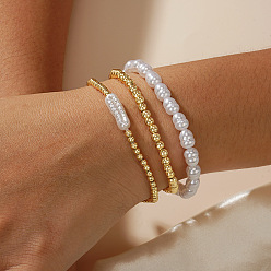 Oro Elegantes conjuntos de pulseras elásticas apilables de perlas keshi sintéticas y cuentas redondas de latón para mujer., blanco, dorado, 6.89 pulgada (17.5 cm), 3 PC / sistema