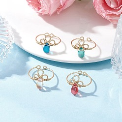 Золотой 4шт. стеклянные открытые манжеты-кольца для женщин, с медной проволокой, обмотанной, цветок с каплей, золотые, 17x11.5 мм, внутренний диаметр: регулируемый