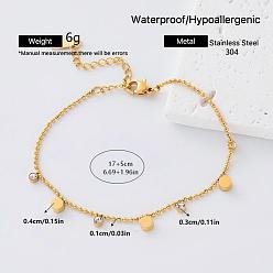 Flat Round 304 Stainless Steel Pave Clear Cubic Zirconia Charm Bracelets for Women, Golden, Flat Round, 6.69 inch(17cm)