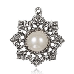 Antique Silver Alloy Pendants, with Acrylic Pearl, Flower, Antique Silver, 36x32x8mm, Hole: 1.5mm