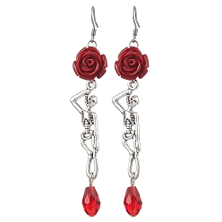 Нержавеющая Сталь Цвет 304 из нержавеющей стали болтаться серьги, с цветком из синтетического коралла и черепом из сплава, для Хэллоуина, цвет нержавеющей стали, 87x15 мм