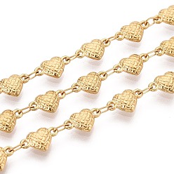 Настоящее золото 18K 5м 304 цепочки из нержавеющей стали с текстурированными сердечками, пайки, с катушкой, ионное покрытие (ip), реальный 18 k позолоченный, 10x6x2.5 мм
