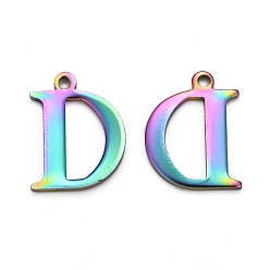Letter D Ионное покрытие (ip) 304 подвески с алфавитом из нержавеющей стали, Радуга цветов, letter.d, 12x9.5x1 мм, отверстие : 1 мм