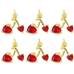 Красный 6 кулоны из латуни с прозрачным кубическим цирконием, сердце, без кадмия и без свинца, долговечный, стойки покрытие, реальный 18 k позолоченный, с целью перехода в кольце, красные, 13x16x4.5 мм, отверстие : 3 мм