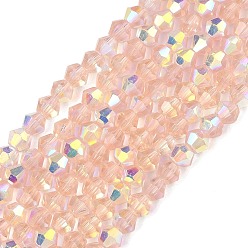 Розовый Гальванизируйте прозрачное стекло бисер нитей, двухконусные, с покрытием AB цвета, граненые, с половиным покрытием, туманная роза, 4.5x3.5~4 мм, отверстие : 0.8~1 мм, около 82~83 шт / нитка, 12.01''~12.20'' (30.5~31 см).