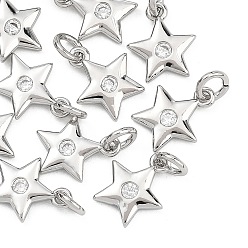Real Platinum Plated SHEGRACE Brass Micro Pave Clear Cubic Zirconia Charms, Cadmium Free & Nickel Free & Lead Free, Star Charms, Real Platinum Plated, 9.5x8x2mm, Hole: 2mm