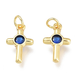 Marine Blue Brass Micro Pave Cubic Zirconia Tiny Cross Charms, with Jump Rings, Golden, Marine Blue, 12.5x7.5x2.5mm, Hole: 1.5mm, Jump rings: 3.5x0.8mm