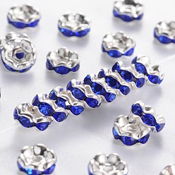 Blue Rhinestone Spacer Beads, Grade A, Sapphire Rhinestone, Silver Color Plated, Nickel Free, about 6mm in diameter, 3mm thick, hole: 1mm