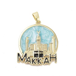Light Blue Rack Plating Brass Enamel Pendants, Long-Lasting Plated, Lead Free & Cadmium Free, Real 18K Gold Plated, Flat Round with MAKKAH Charm, Light Blue, 30x26x3mm, Hole: 5.5x3.5mm