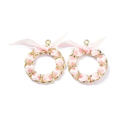 Pink Подвески из сплава , переплетены атласной лентой, кольцо, розовые, 36x31x3.5 мм, отверстие : 1.8 мм