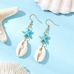 Бирюза Серьги-подвески из синтетических бирюзовых бусин в форме ракушки, с натуральными смешанными бусинами из ракушек каури и 304 крючками для сережек из нержавеющей стали и 304 штифтами для петель из нержавеющей стали, золотые, бирюзовые, 60x13 мм