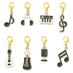 Black 8Pcs 8 Styles Alloy Enamel Musical Instruments & Musical Note Pendant Decorations, with Lobster Claw Clasps, Golden, Black, 27~37mm