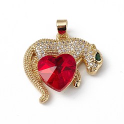 Red Real 18K Gold Plated Rack Plating Brass Micro Pave Clear Cubic Zirconia Pendants, with Glass, Long-Lasting Plated, Cadmium Free & Lead Free, Leopard with Heart Charm, Red, 24.5x25x8.2mm, Hole: 5x3.2mm
