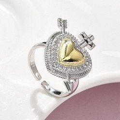 Настоящее золото 18K Открытая манжета из латуни с микропаве и кубическим цирконием для женщин, сердце, стойки покрытие, долговечный, без свинца и без кадмия, реальный 18 k позолоченный, Сердце: 24x22 mm, внутренний диаметр: регулируемый