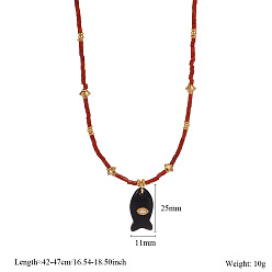 Black Onyx Ожерелья с подвеской в виде рыбы из натурального черного оникса (окрашенного и нагретого) с микропаве из кубических цирконий, 304 ожерелья из нержавеющей стали и стеклянных бусин, золотые, 16.54~18.50 дюйм (42~47 см)