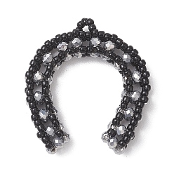 Черный Подвески в виде подков из стеклянного бисера, со стеклом, чёрные, 35~37x30~32x6~7 мм, отверстие : 5 мм