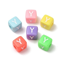 Couleur Mélangete Perles européennes opaques acrylique, Perles avec un grand trou   , cube avec lettre y, couleur mixte, 10x9x9~9.5mm, Trou: 4mm, environ580 pcs / 500 g