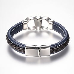 Prussian Blue Men's Braided Leather Cord Bracelets, with 304 Stainless Steel Findings and Magnetic Clasps, Prussian Blue, 8-5/8 inch(220mm)